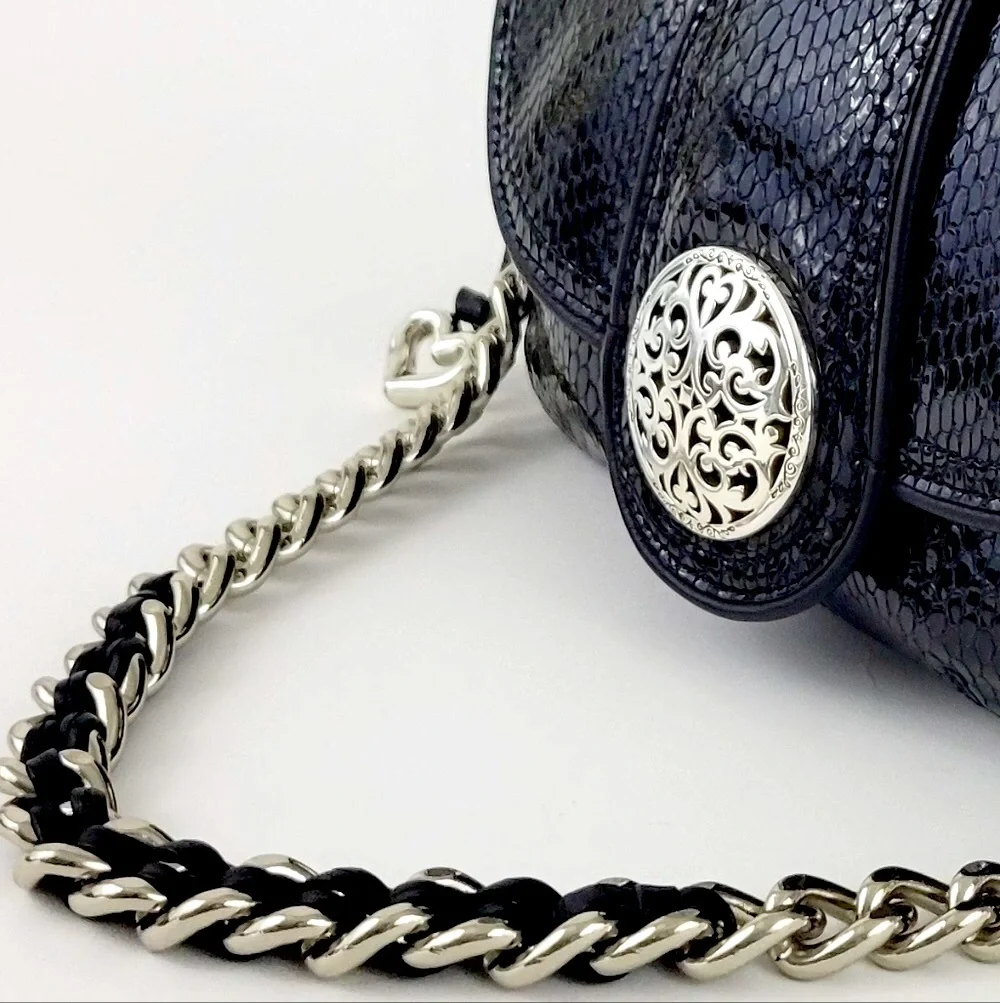 Brighton Collection Croc Embossed  Silver  Chain Strap Leather Shoulder  Bag